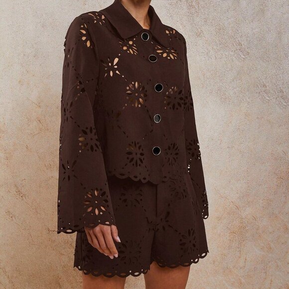 Brown Women's Hollow Out Button Front Top And Shorts Set - Picture 5 of 6